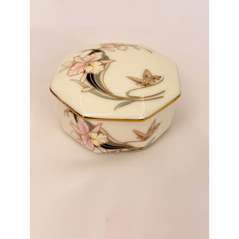 Vintage 1970s Fine China Japan Octagonal Porcelain Trinket Box Pink Iris Gold